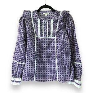 Per Una Purple White Floral Boho Retro Long Sleeve Blouse Lace Trim Size 12
